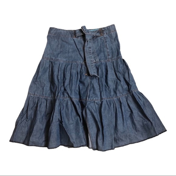 Zara denim tiered flare buttoned down belted western prairie style skirt size 2 - Picture 6 of 16